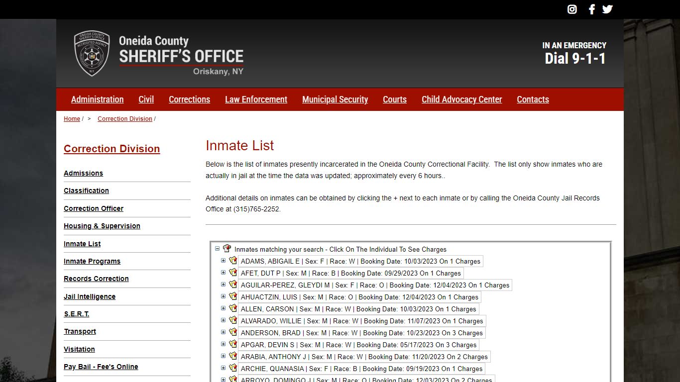 Inmate List | Oneida County Sheriff